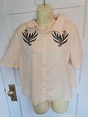 Embroidered Cream Button-Front Women's Shirt